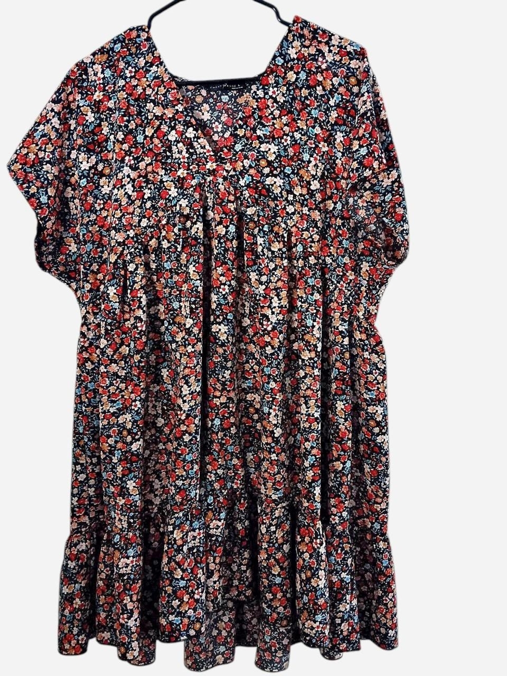 Floral Tiered Midi Dress in Black with Red and Cream Flowers